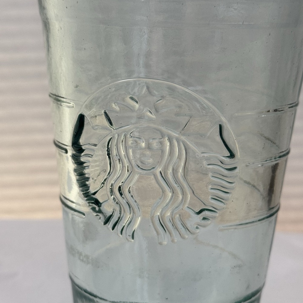 Starbucks Embossed Recycled Glass Cold Cup Tumbler Glass Lid Green Siren Logo - Picture 4 of 12